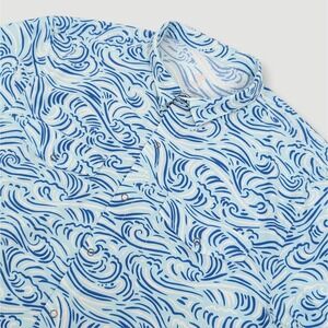 Rabbit Running Low Tide Shirt Mens Large Blue Wave Print Button Up Stretch